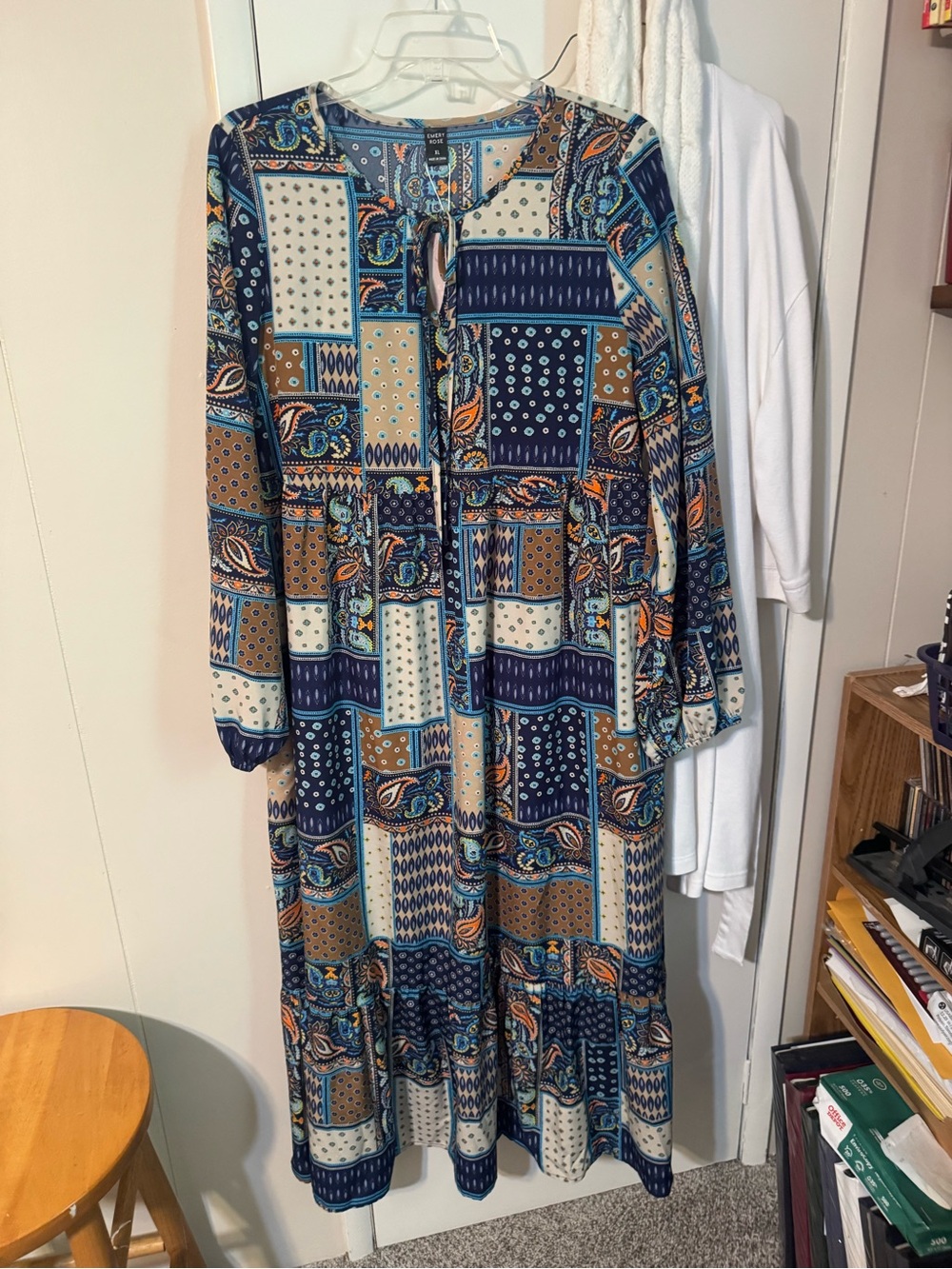 Women's Long Patchwork Print Dress in Navy and Tan